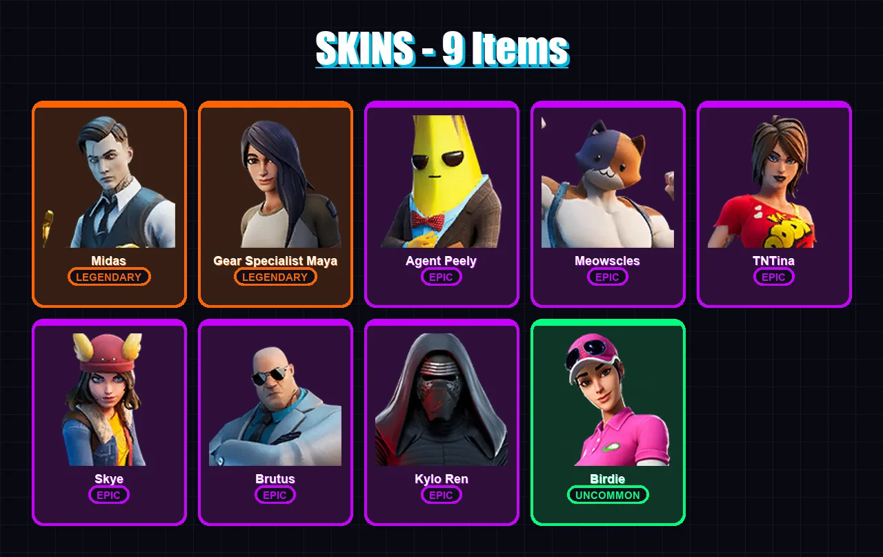 [PC/XBOX/PSN] | Midas | Gear Specialist Maya | Agent Peely | Meowscles | TNTina | 9 skin | 10 pickaxe | 17 emote | 12 glider | Lv119