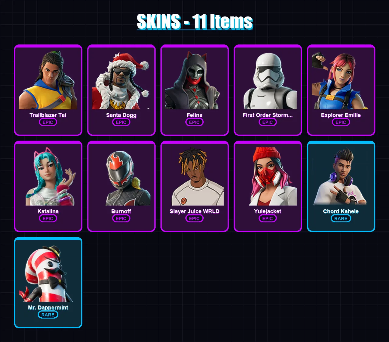 [PC/XBOX] | Trailblazer Tai | Santa Dogg | Felina | First Order Stormtrooper | Explorer Emilie | 11 skin | 25 pickaxe | 13 emote | 16 glider | Lv178