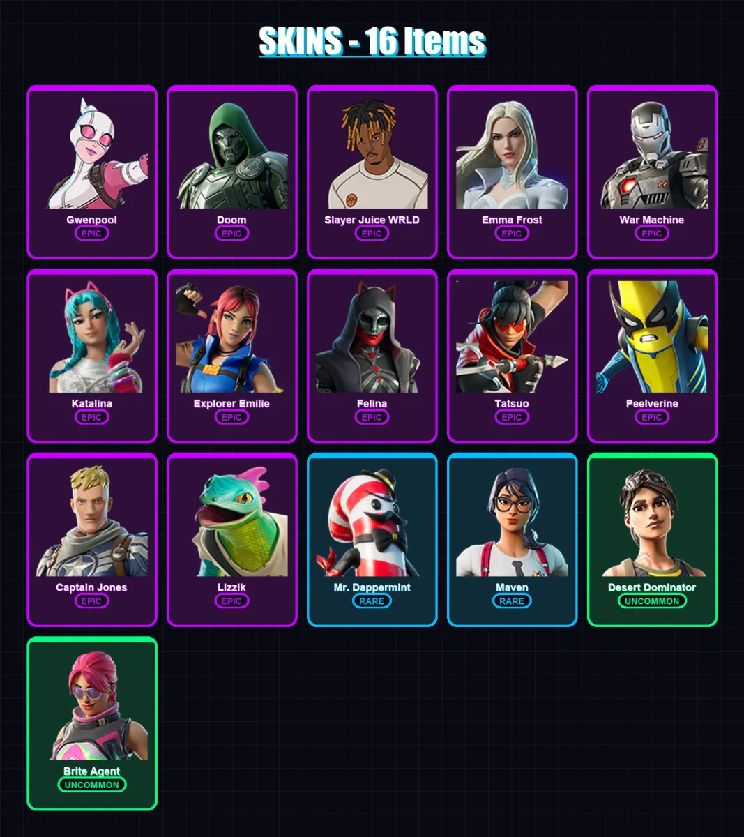 [PC/XBOX/PSN] | Gwenpool | Doom | Slayer Juice WRLD | Emma Frost | War Machine | 16 skin | 19 pickaxe | 15 emote | 14 glider | Lv166