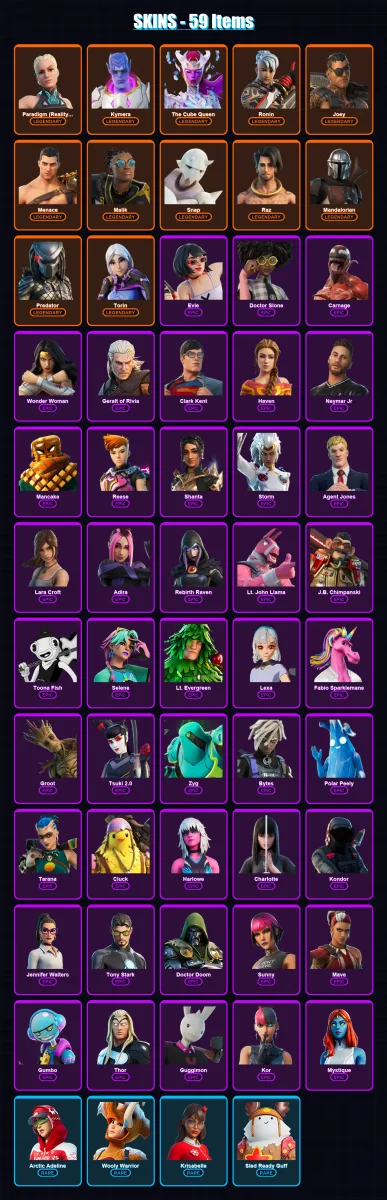[PS4/PS5/XBOX/PC] | Paradigm (Reality-659) | Kymera | The Cube Queen | Ronin | Joey | 59 skin | 65 pickaxe | 44 emote | 67 glider | Lv1005 — Fortnite account