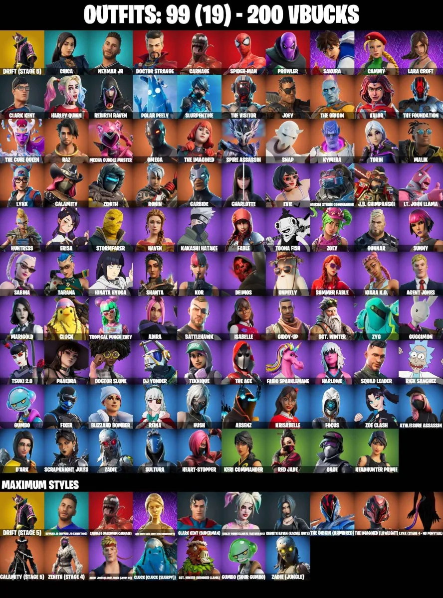 PSN/PC/XBOX/NIN 99 SKINS SAKURA CAMMY GOLDEN LARA CROFT RACHEL ROTH SPIDER-MAN OMEGA GET GRIDDY ORANGE JUSTICE KAKASHI HINATA CHARLOTTE EVIE — Fortnite account