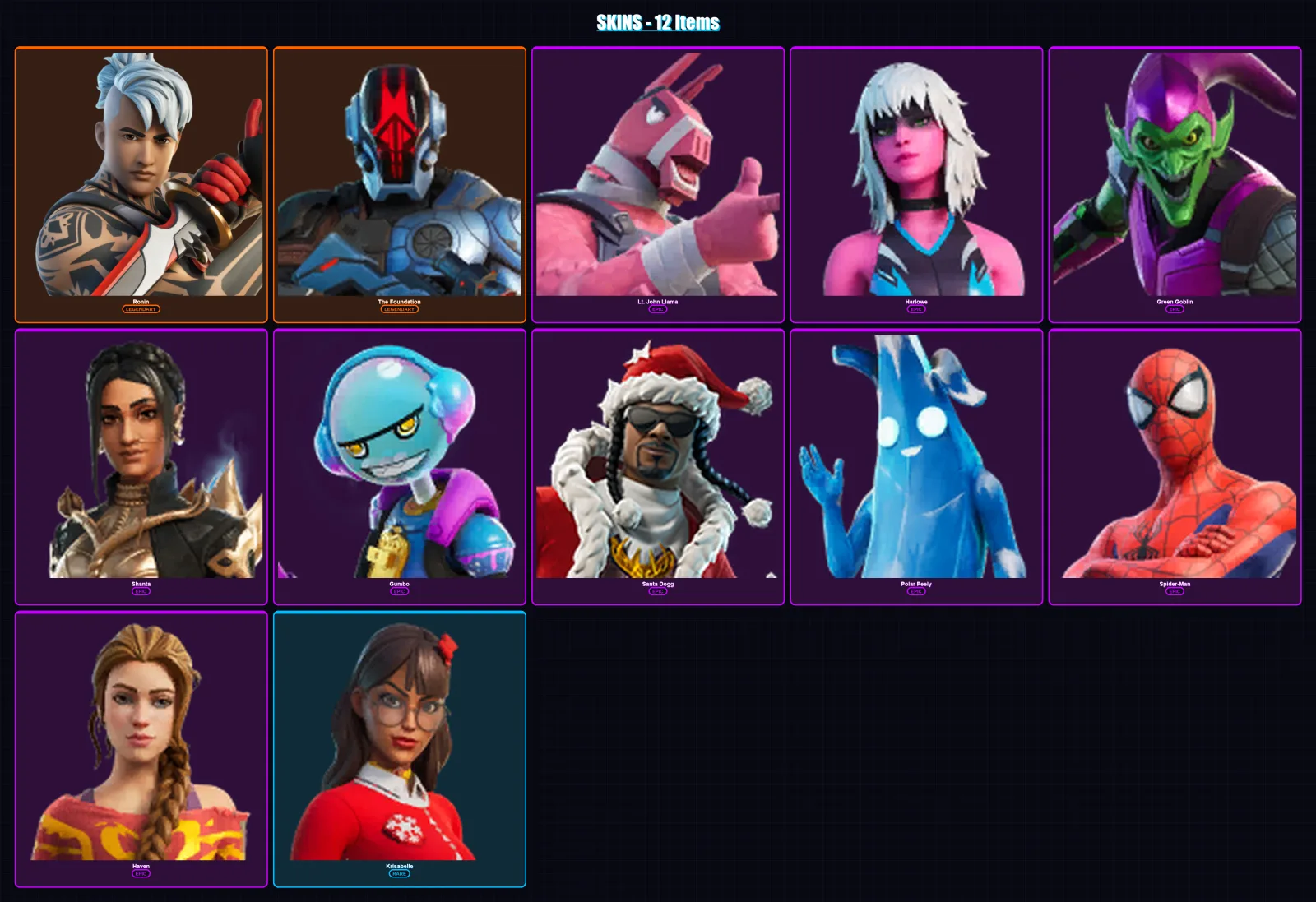 [PC/XBOX] | Ronin | The Foundation | Lt. John Llama | Harlowe | Green Goblin | 12 skin | 22 pickaxe | 18 emote | 22 glider | Lv216