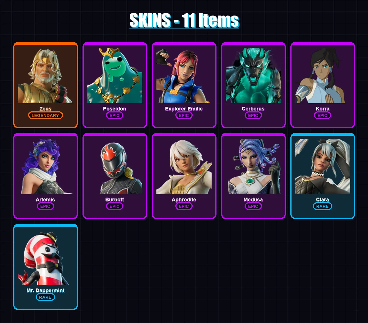 [PC/PSN] | Zeus | Poseidon | Explorer Emilie | Cerberus | Korra | 11 skin | 21 pickaxe | 15 emote | 18 glider | Lv330