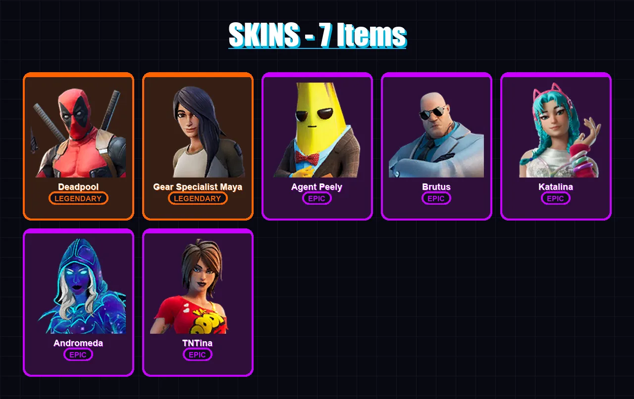[PC/XBOX/PSN] | Deadpool | Gear Specialist Maya | Agent Peely | Brutus | Katalina | 7 skin | 6 pickaxe | 6 emote | 6 glider | Lv56