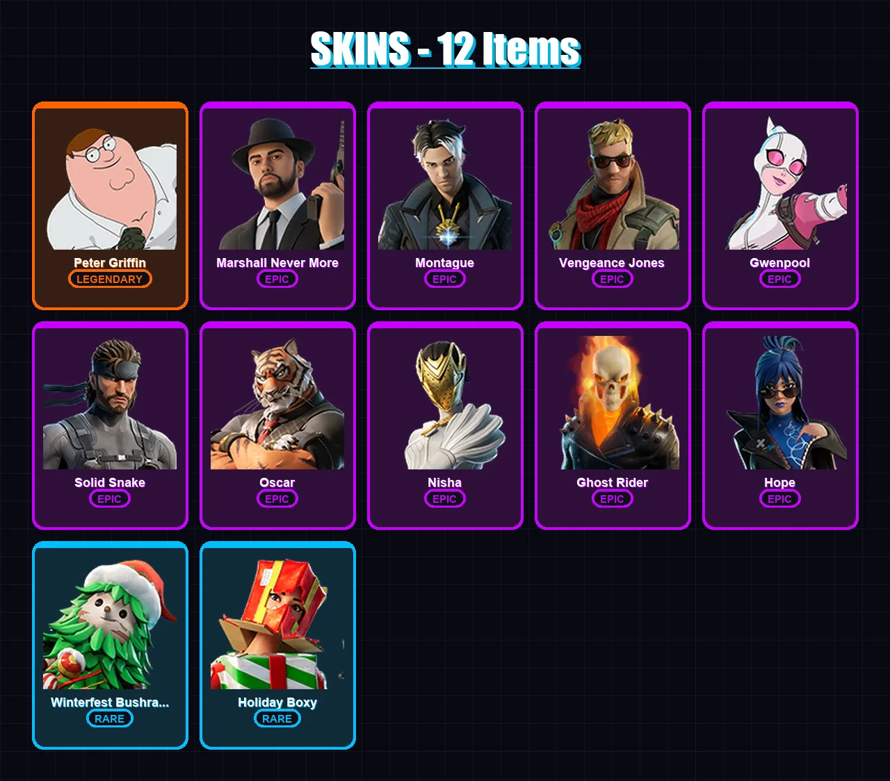 [PC/XBOX/PSN] | Peter Griffin | Marshall Never More | Montague | Vengeance Jones | Gwenpool | 12 skin | 13 pickaxe | 12 emote | 18 glider | Lv136 — Fortnite account