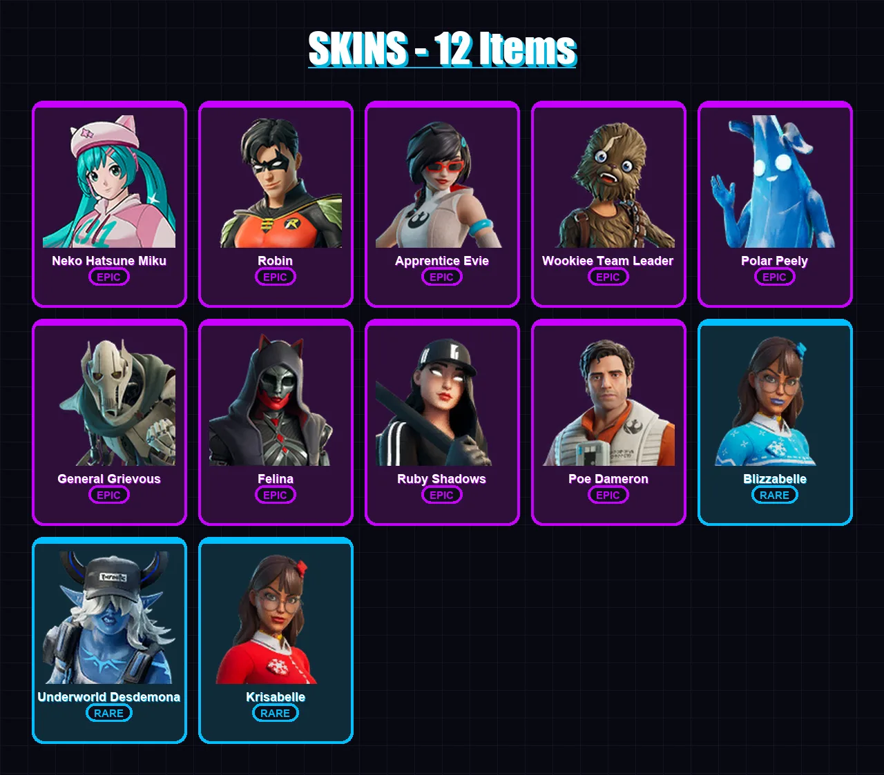 [PC/XBOX/PSN] | Neko Hatsune Miku | Robin | Apprentice Evie | Wookiee Team Leader | Polar Peely | 12 skin | 66 pickaxe | 36 emote | 56 glider | Lv78