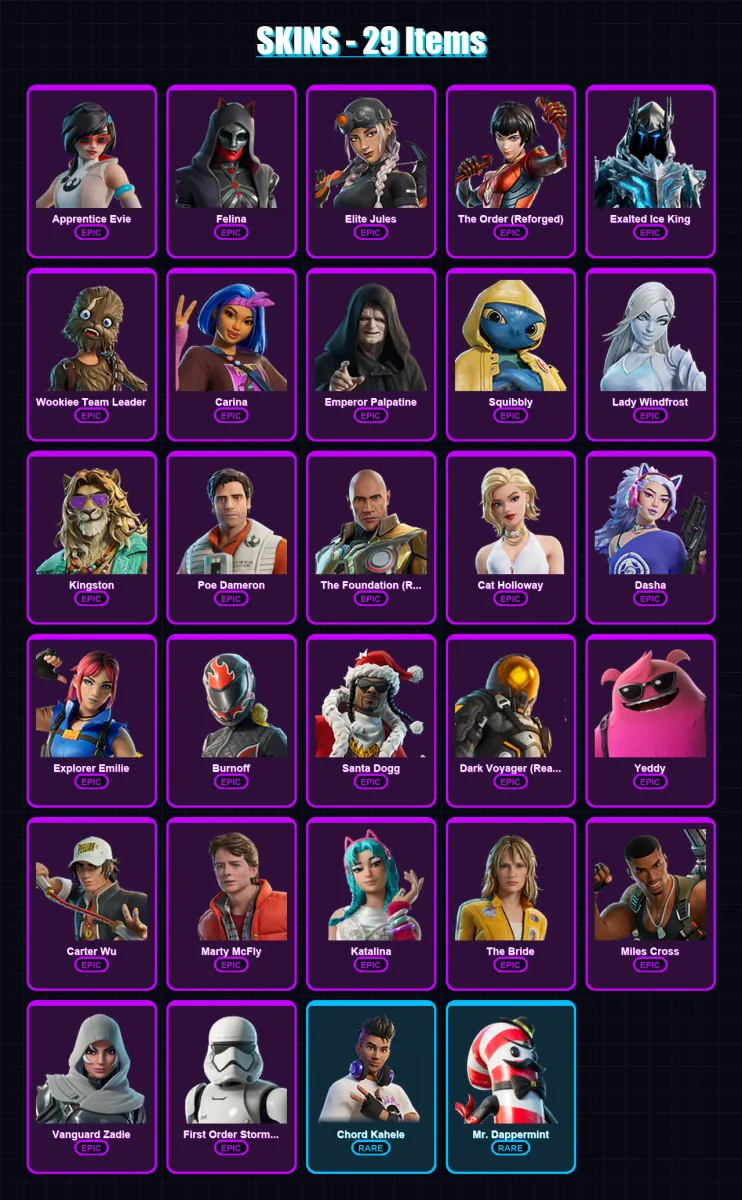 [PC/XBOX] | Apprentice Evie | Felina | Elite Jules | The Order (Reforged) | Exalted Ice King | 29 skin | 70 pickaxe | 35 emote | 52 glider | Lv643