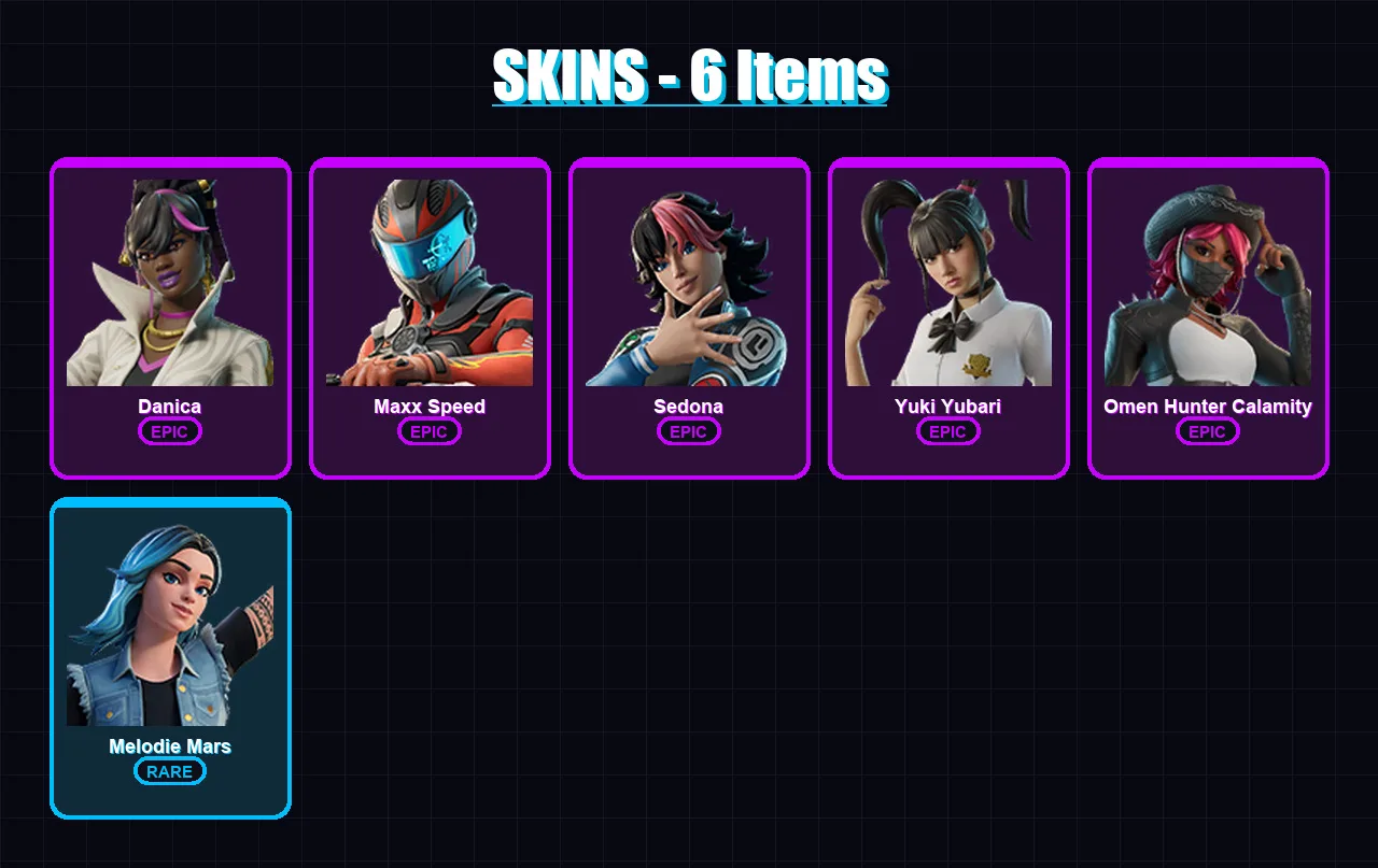[PC/PSN] | Danica | Maxx Speed | Sedona | Yuki Yubari | Omen Hunter Calamity | 6 skin | 4 pickaxe | 4 emote | 3 glider | Lv6