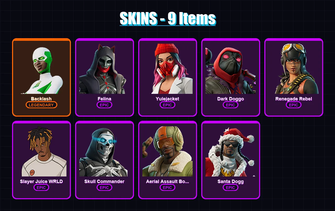 [PC/XBOX/PSN] | Backlash | Felina | Yulejacket | Dark Doggo | Renegade Rebel | 9 skin | 32 pickaxe | 13 emote | 19 glider | Lv297