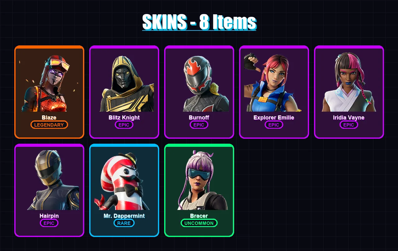 [PC/XBOX/PSN] | Blaze | Blitz Knight | Burnoff | Explorer Emilie | Iridia Vayne | 8 skin | 26 pickaxe | 11 emote | 19 glider | Lv479