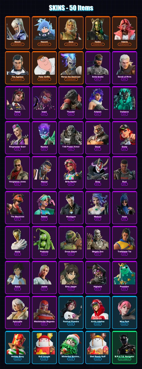 [PC/XBOX/PSN] | Mizuki | Nezumi | Zeus | Hades | Valeria | 50 skin | 55 pickaxe | 45 emote | 53 glider | Lv774