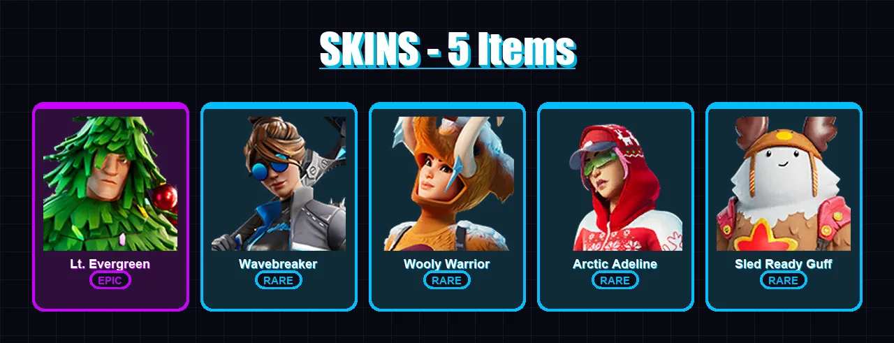 [PC/XBOX/PSN] | Lt. Evergreen | Wavebreaker | Wooly Warrior | Arctic Adeline | Sled Ready Guff | 5 skin | 12 pickaxe | 8 emote | 10 glider | Lv101