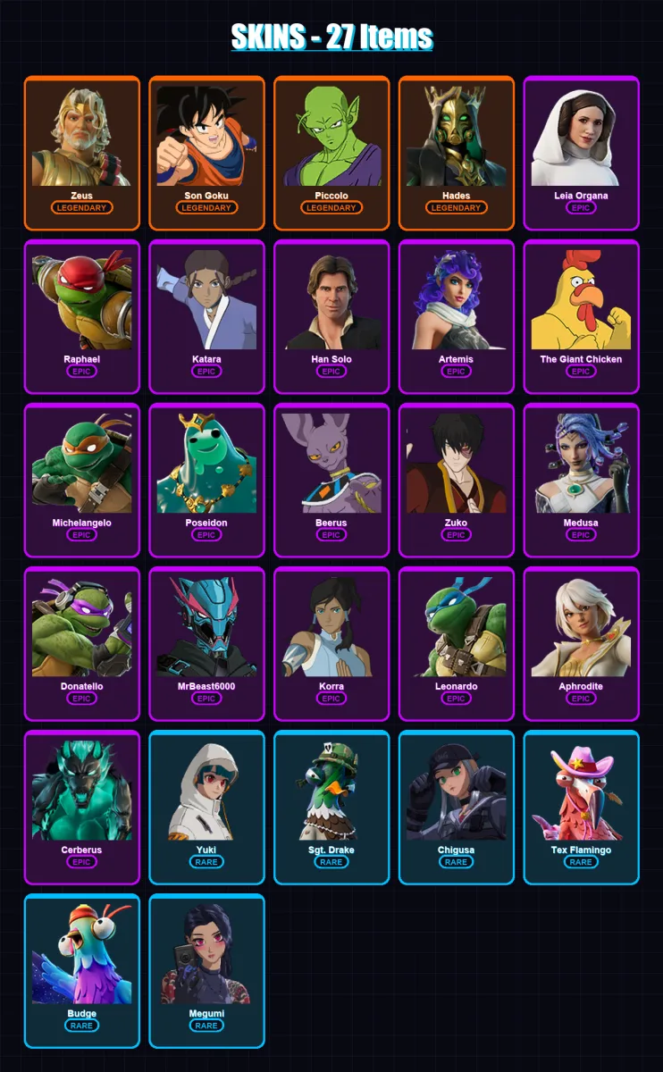 [PC/PSN] | Zeus | Son Goku | Piccolo | Hades | Leia Organa | 27 skin | 28 pickaxe | 43 emote | 15 glider | Lv152