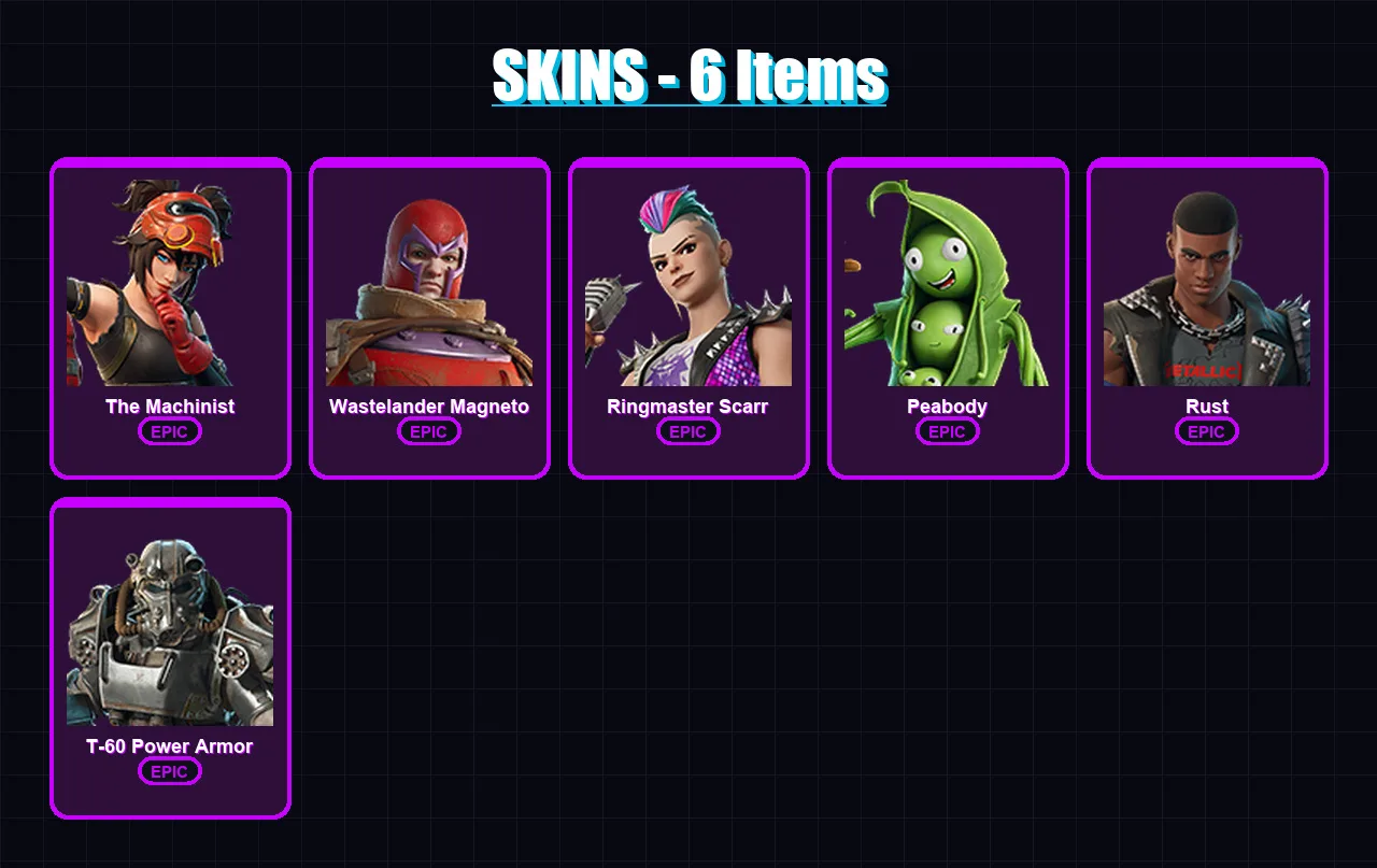 [PC/XBOX/PSN] | The Machinist | Wastelander Magneto | Ringmaster Scarr | Peabody | Rust | 6 skin | 7 pickaxe | 10 emote | 9 glider | Lv70