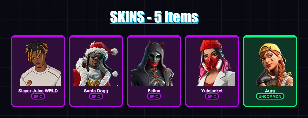 [PC/XBOX/PSN] | Slayer Juice WRLD | Santa Dogg | Felina | Yulejacket | Aura | 5 skin | 31 pickaxe | 16 emote | 19 glider | Lv335