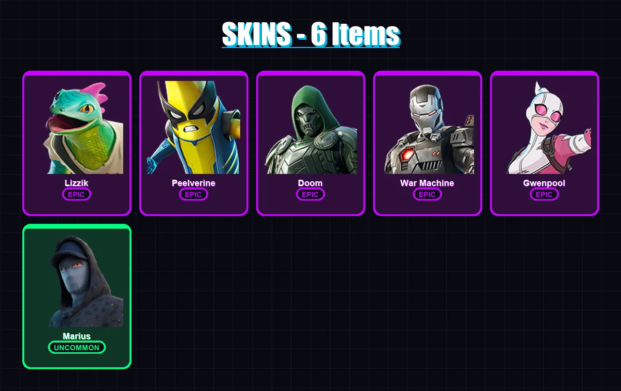 [PC/XBOX/PSN] | Lizzik | Peelverine | Doom | War Machine | Gwenpool | 6 skin | 6 pickaxe | 6 emote | 7 glider | Lv37