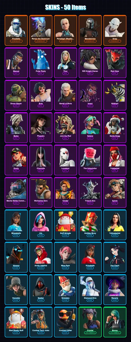 [PC/XBOX/PSN] | Frostbite | Renzo the Destroyer | Paradigm (Reality-659) | Mandalorian | Snap | 50 skin | 56 pickaxe | 24 emote | 26 glider | Lv305