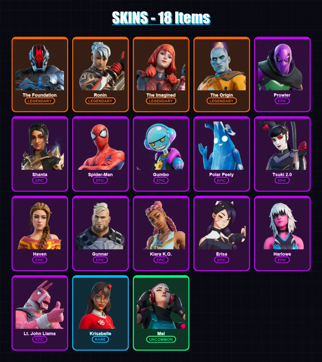 [PC/PSN] | The Foundation | Ronin | The Imagined | The Origin | Prowler | 18 skin | 25 pickaxe | 30 emote | 27 glider | Lv430