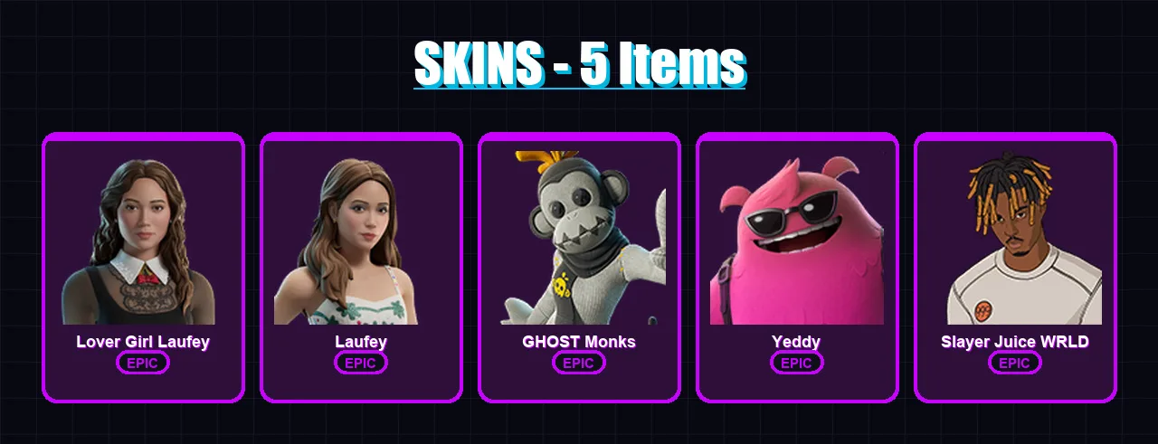 [PC] | Lover Girl Laufey | Laufey | GHOST Monks | Yeddy | Slayer Juice WRLD | 5 skin | 12 pickaxe | 7 emote | 9 glider | Lv43