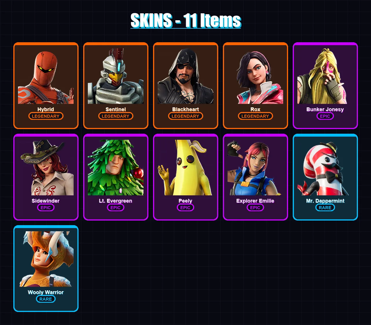 [PC/XBOX] | Hybrid | Sentinel | Blackheart | Rox | Bunker Jonesy | 11 skin | 10 pickaxe | 22 emote | 13 glider | Lv213