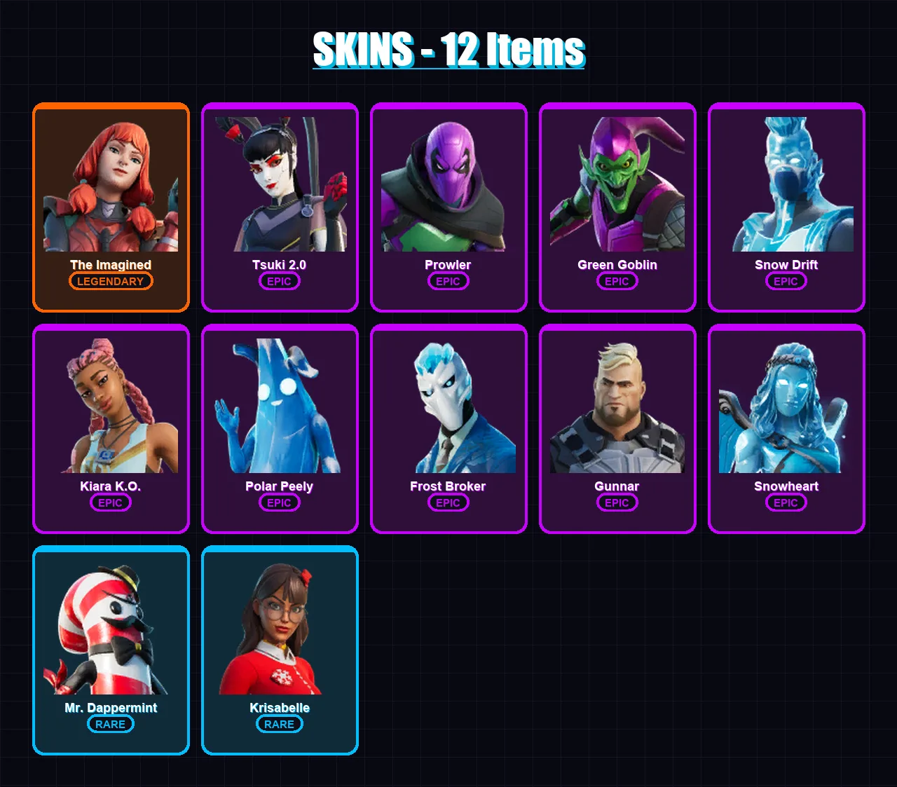 [SWITCH/XBOX/PSN/PC] | The Imagined | Tsuki 2.0 | Prowler | Green Goblin | Snow Drift | 12 skin | 17 pickaxe | 18 emote | 15 glider | Lv225