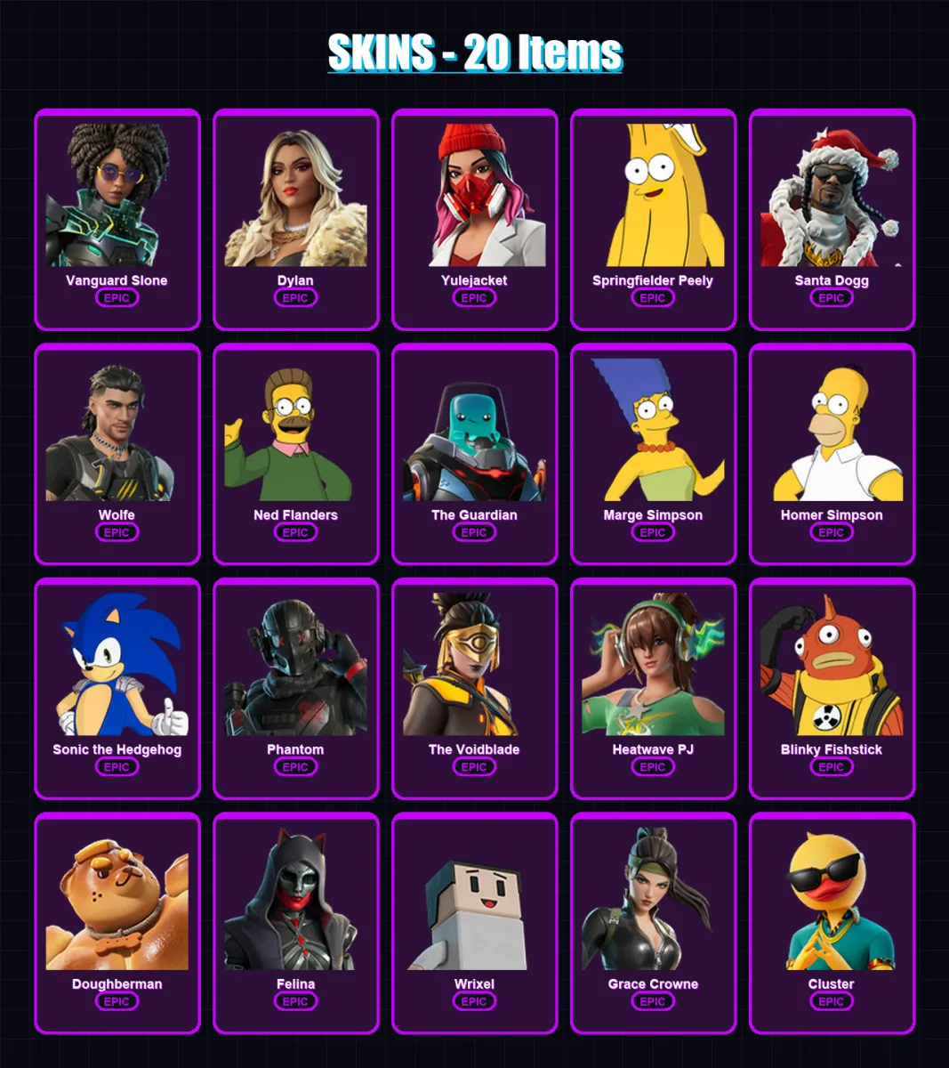 [PC/XBOX/PSN] | Vanguard Slone | Dylan | Yulejacket | Springfielder Peely | Santa Dogg | 20 skin | 57 pickaxe | 30 emote | 45 glider | Lv531