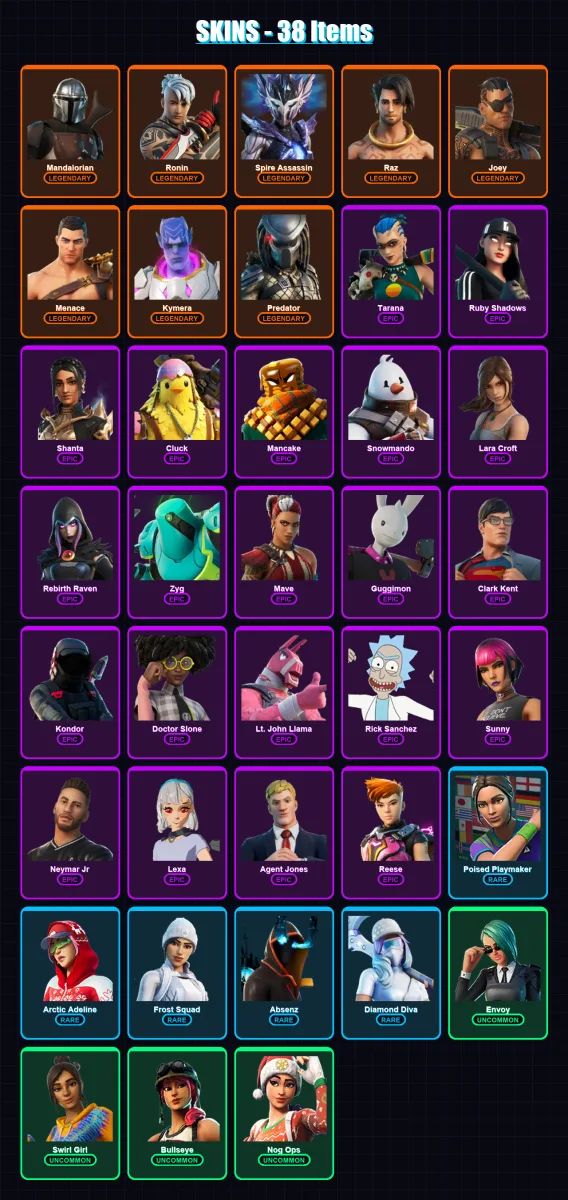 [PC/XBOX/PSN] | Mandalorian | Ronin | Spire Assassin | Raz | Joey | 38 skin | 43 pickaxe | 37 emote | 45 glider | Lv675