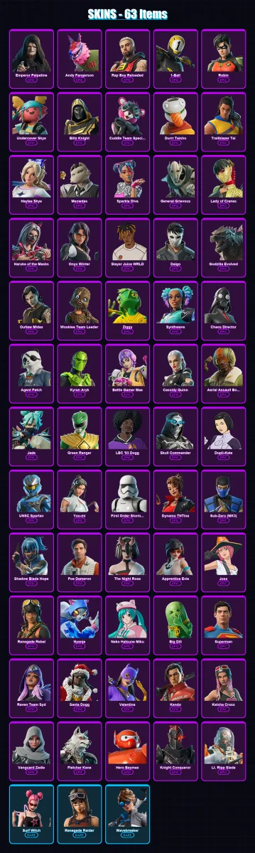 [PC/XBOX/PSN] | Emperor Palpatine | Andy Fangerson | Rap Boy Reloaded | 1-Ball | Robin | 63 skin | 93 pickaxe | 70 emote | 60 glider | Lv904