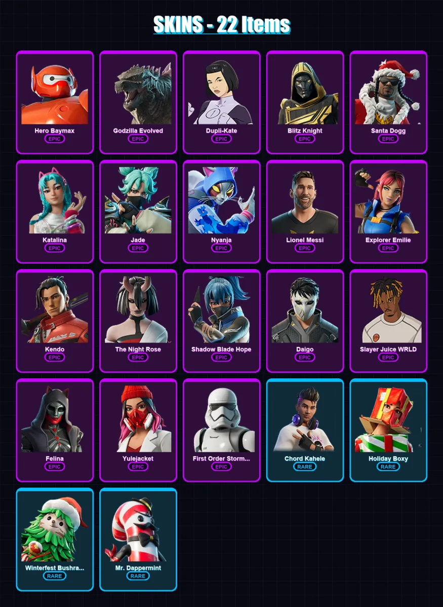 [PC/XBOX/PSN] | Hero Baymax | Godzilla Evolved | Dupli-Kate | Blitz Knight | Santa Dogg | 22 skin | 52 pickaxe | 32 emote | 36 glider | Lv890