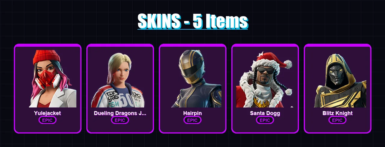 [PC/PSN] | Yulejacket | Dueling Dragons Jackie | Hairpin | Santa Dogg | Blitz Knight | 5 skin | 48 pickaxe | 17 emote | 28 glider | Lv338