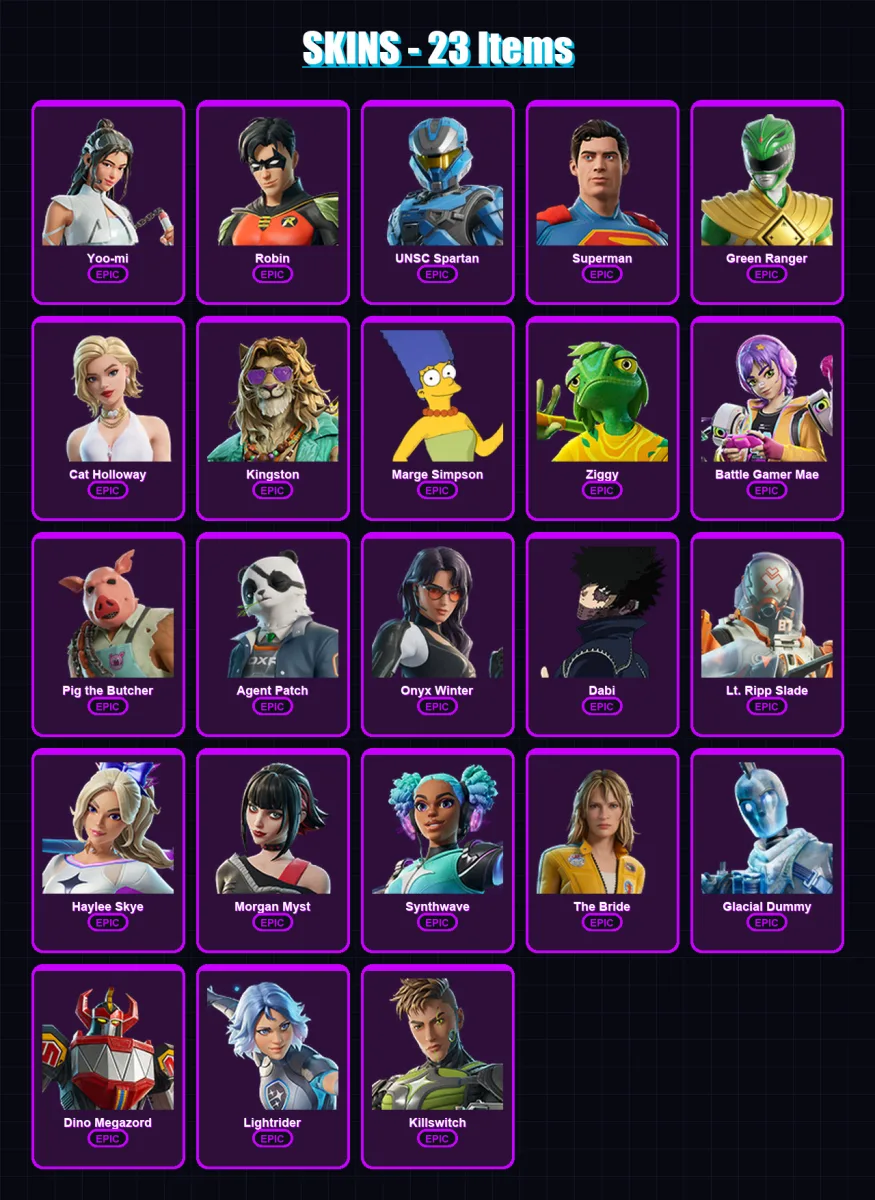 [PC/XBOX/PSN] | Yoo-mi | Robin | UNSC Spartan | Superman | Green Ranger | 23 skin | 45 pickaxe | 31 emote | 30 glider | Lv362 — Fortnite account