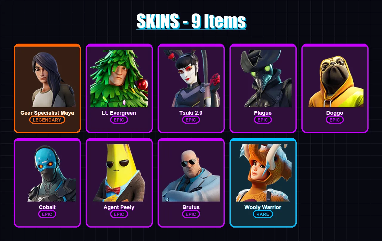 [PC/XBOX/PSN] | Gear Specialist Maya | Lt. Evergreen | Tsuki 2.0 | Plague | Doggo | 9 skin | 10 pickaxe | 10 emote | 18 glider | Lv193