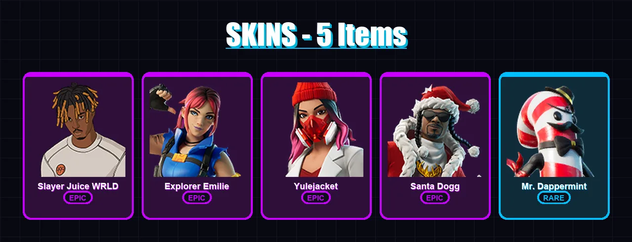 [PS4/PS5/PC] | Slayer Juice WRLD | Explorer Emilie | Yulejacket | Santa Dogg | Mr. Dappermint | 5 skin | 24 pickaxe | 13 emote | 20 glider | Lv320