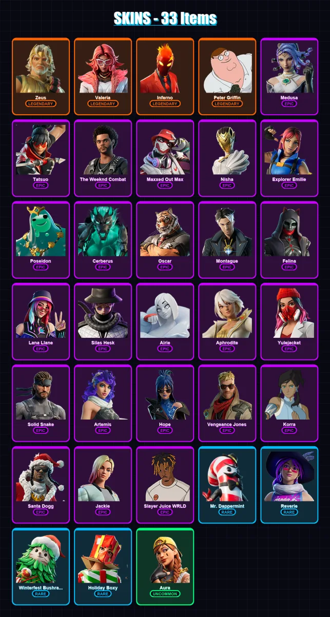 [PC/XBOX] | Zeus | Valeria | Inferno | Peter Griffin | Medusa | 33 skin | 53 pickaxe | 38 emote | 33 glider | Lv484