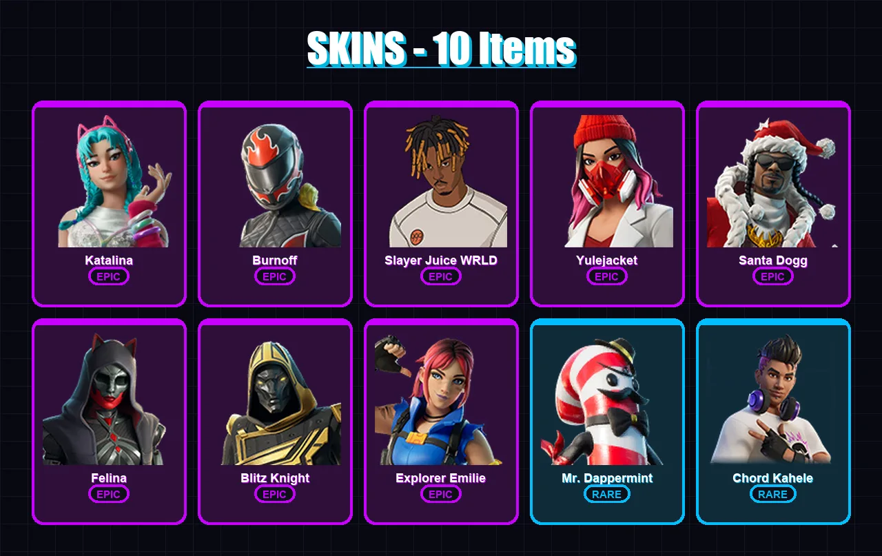 [PC/XBOX/PSN] | Katalina | Burnoff | Slayer Juice WRLD | Yulejacket | Santa Dogg | 10 skin | 43 pickaxe | 19 emote | 26 glider | Lv367