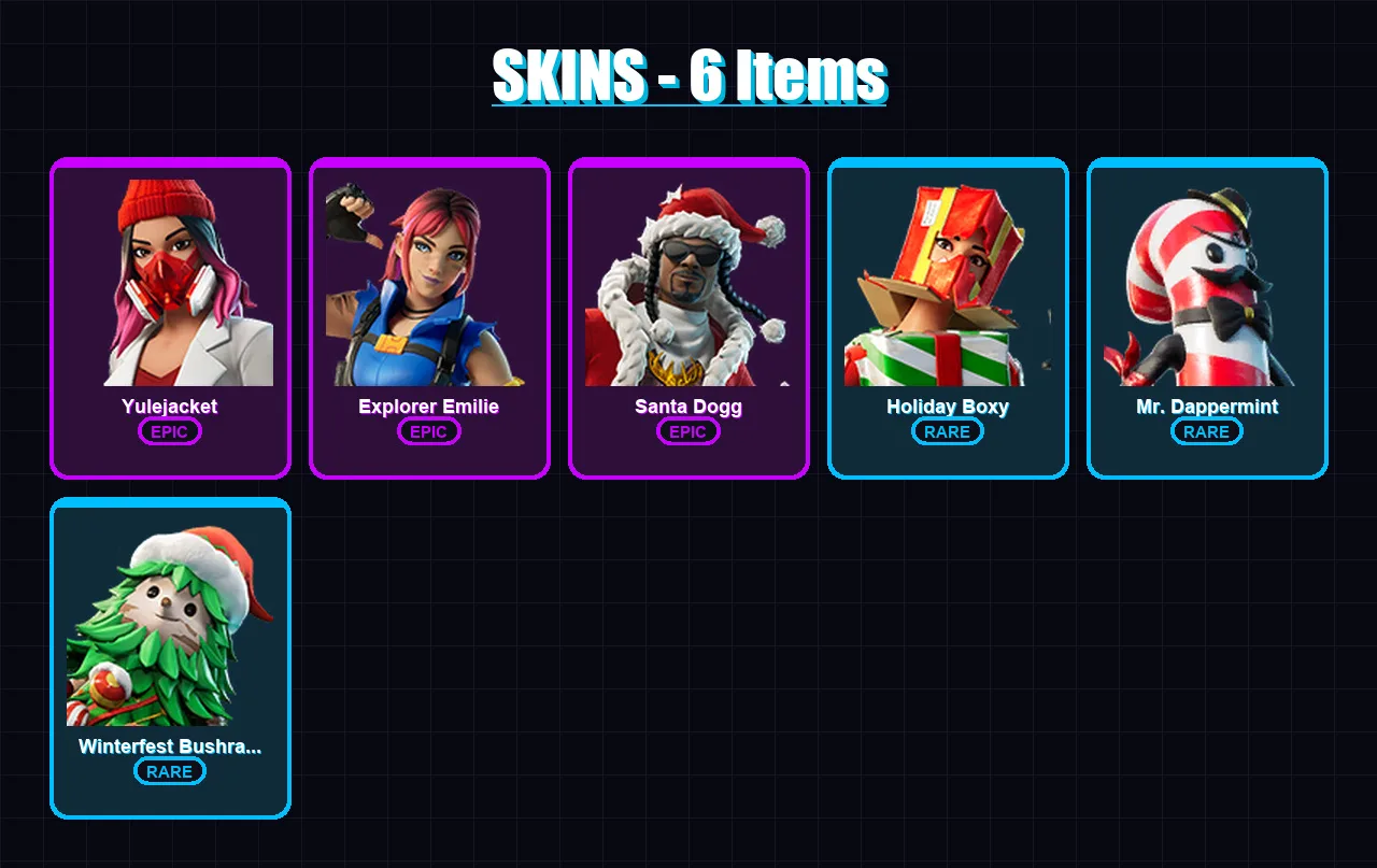 [PC] | Yulejacket | Explorer Emilie | Santa Dogg | Holiday Boxy | Mr. Dappermint | 6 skin | 29 pickaxe | 9 emote | 23 glider | Lv313