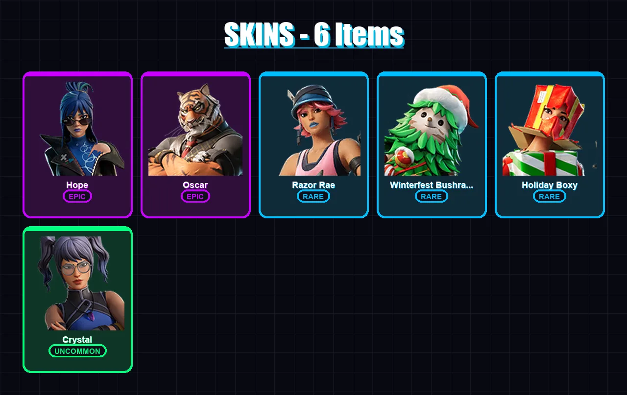 [PC/XBOX/PSN] | Hope | Oscar | Razor Rae | Winterfest Bushranger | Holiday Boxy | 6 skin | 4 pickaxe | 2 emote | 7 glider | Lv33