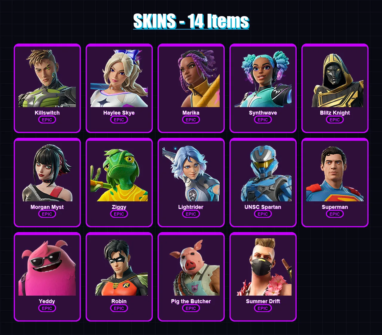 [PC/PSN] | Killswitch | Haylee Skye | Marika | Synthwave | Blitz Knight | 14 skin | 36 pickaxe | 20 emote | 25 glider | Lv691