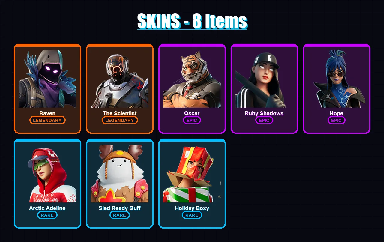 [PC/XBOX/PSN] | Raven | The Scientist | Oscar | Ruby Shadows | Hope | 8 skin | 19 pickaxe | 13 emote | 20 glider | Lv253