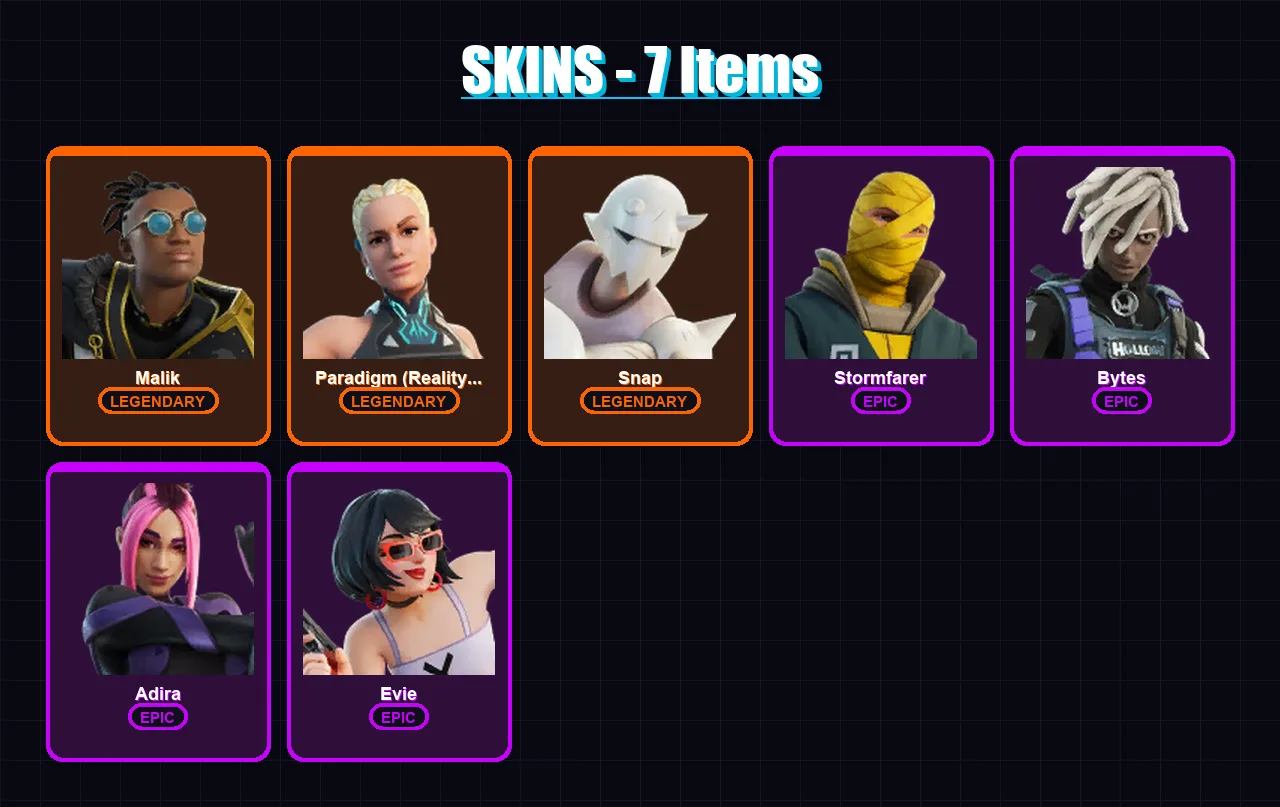 [PC/PSN] | Malik | Paradigm (Reality-659) | Snap | Stormfarer | Bytes | 7 skin | 18 pickaxe | 13 emote | 21 glider | Lv333