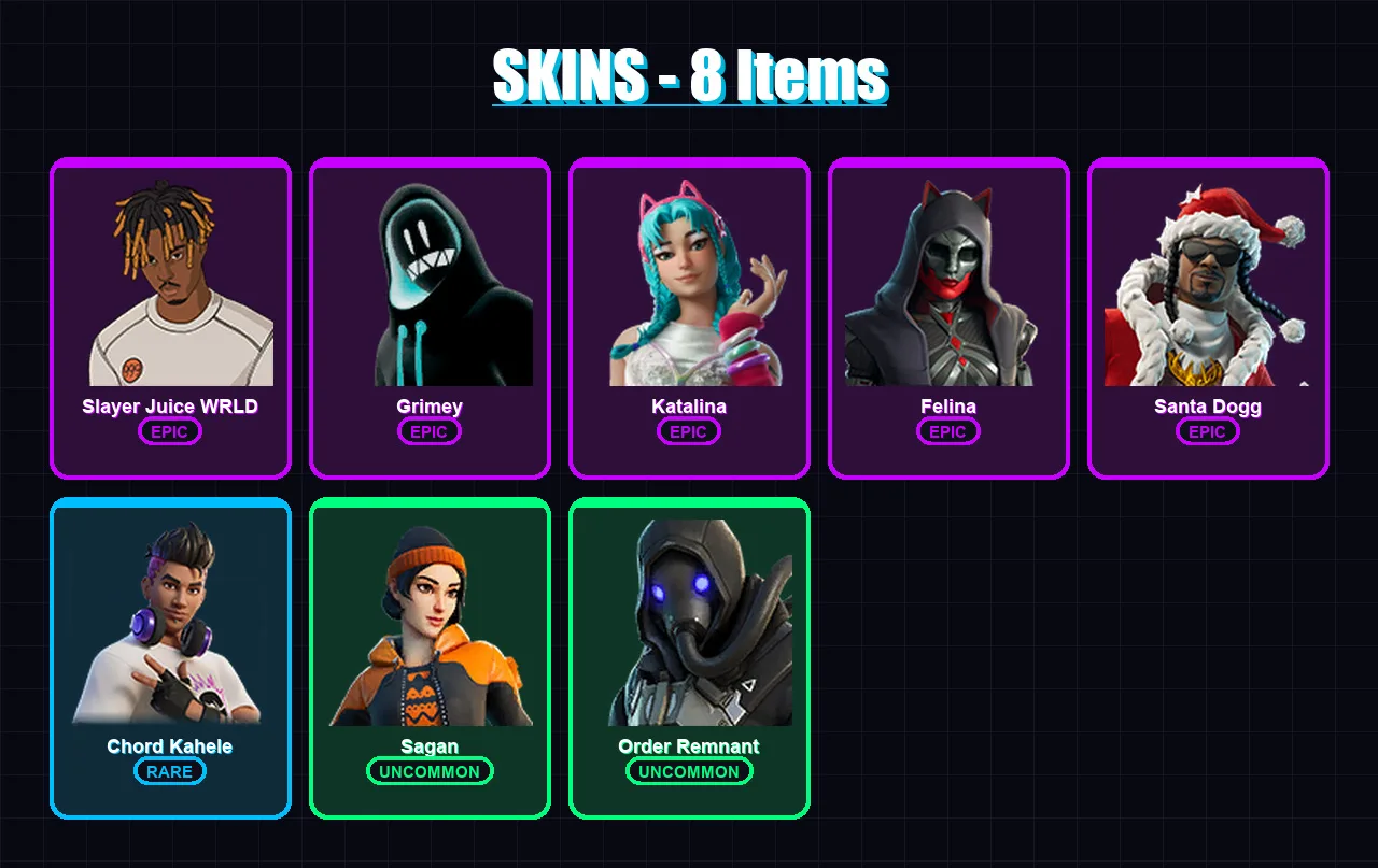 [PC/XBOX/PSN] | Slayer Juice WRLD | Grimey | Katalina | Felina | Santa Dogg | 8 skin | 42 pickaxe | 26 emote | 29 glider | Lv552