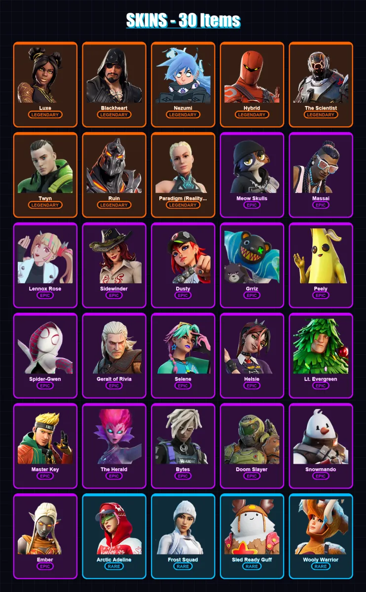 [PC/XBOX/PSN] | Luxe | Blackheart | Nezumi | Hybrid | The Scientist | 30 skin | 45 pickaxe | 49 emote | 51 glider | Lv826