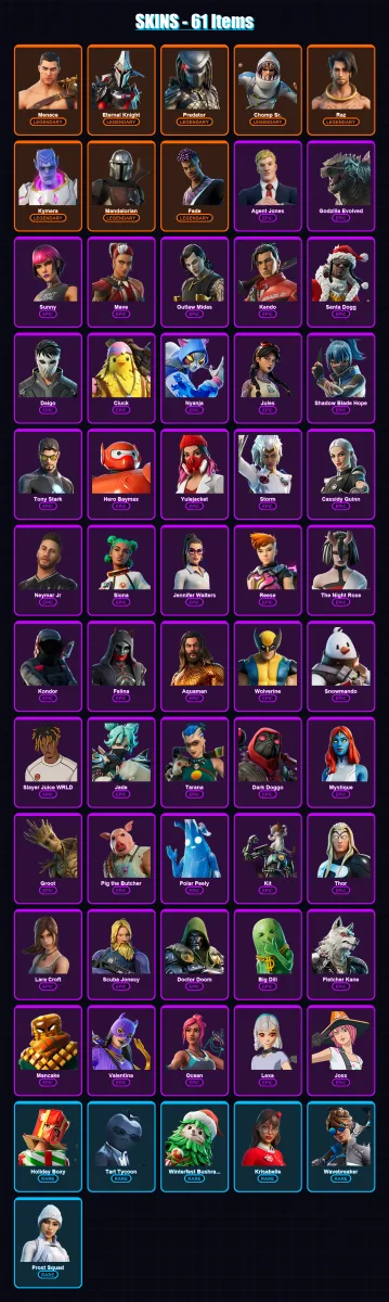 [PC] | Menace | Eternal Knight | Predator | Chomp Sr. | Raz | 61 skin | 88 pickaxe | 55 emote | 73 glider | Lv1130 — Fortnite account