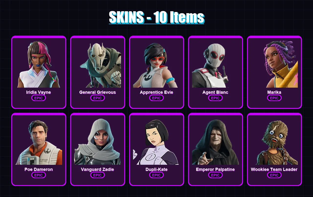 [PC/XBOX/PSN] | Iridia Vayne | General Grievous | Apprentice Evie | Agent Blanc | Marika | 10 skin | 28 pickaxe | 11 emote | 17 glider | Lv400