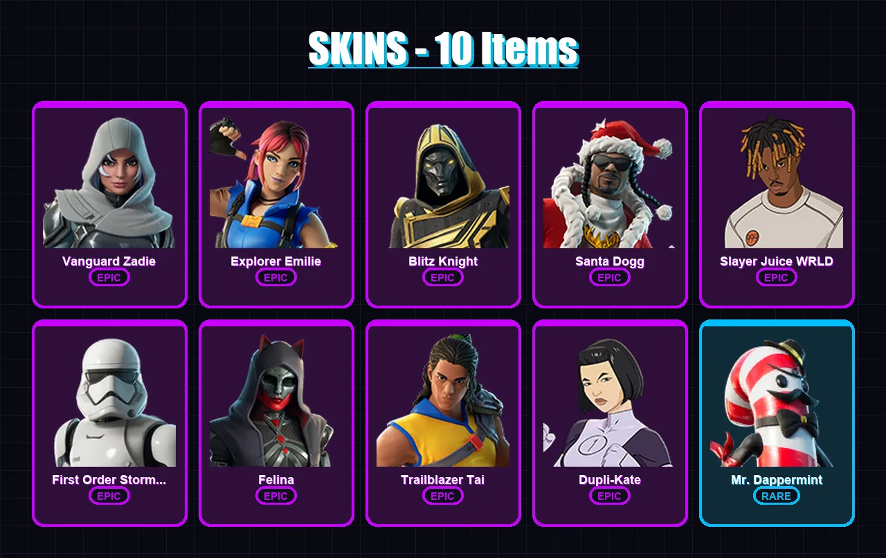 [PC/PSN] | Vanguard Zadie | Explorer Emilie | Blitz Knight | Santa Dogg | Slayer Juice WRLD | 10 skin | 56 pickaxe | 24 emote | 37 glider | Lv751