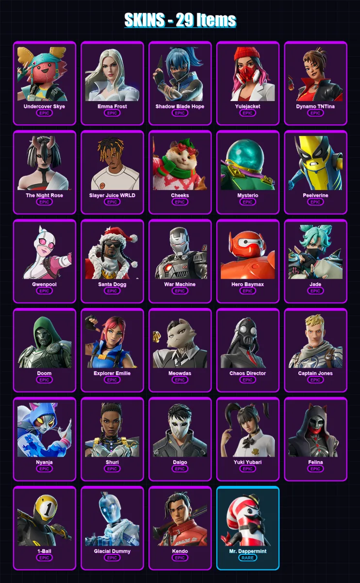 [PC/XBOX/PSN] | Undercover Skye | Emma Frost | Shadow Blade Hope | Yulejacket | Dynamo TNTina | 29 skin | 63 pickaxe | 37 emote | 40 glider | Lv548