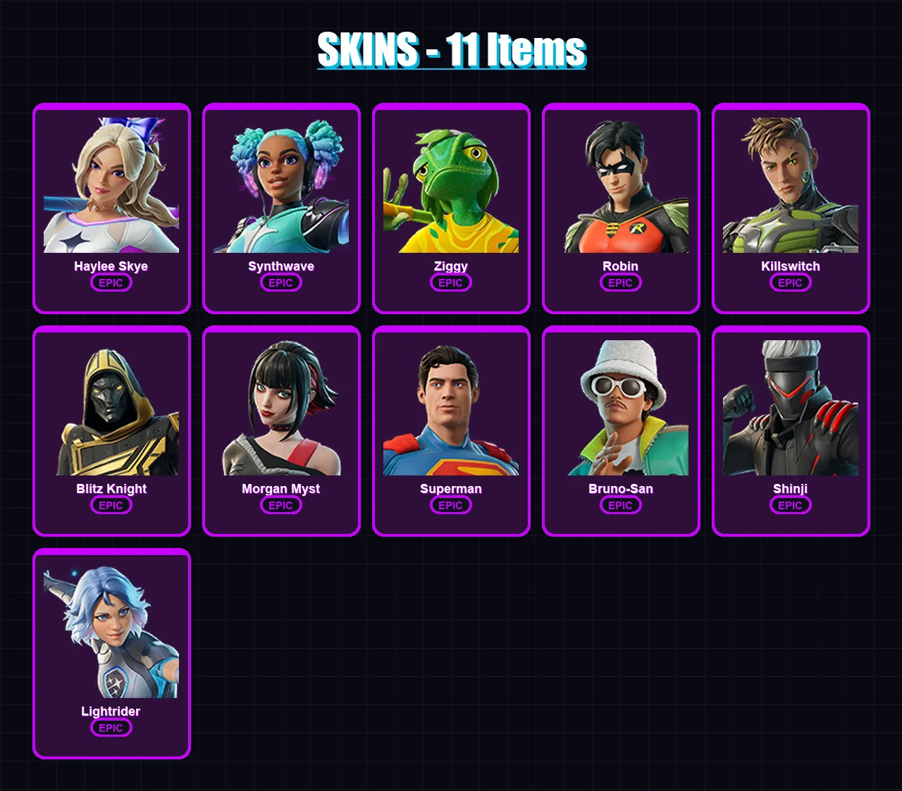 [PS4/PS5/XBOX/PC] | Haylee Skye | Synthwave | Ziggy | Robin | Killswitch | 11 skin | 17 pickaxe | 13 emote | 11 glider | Lv111