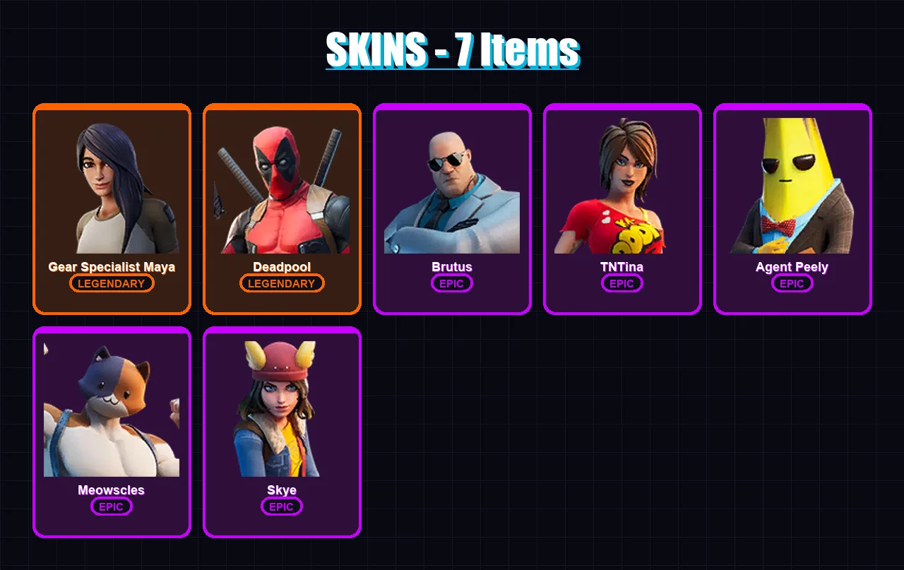 [PC/XBOX/PSN] | Gear Specialist Maya | Deadpool | Brutus | TNTina | Agent Peely | 7 skin | 8 pickaxe | 7 emote | 11 glider | Lv132