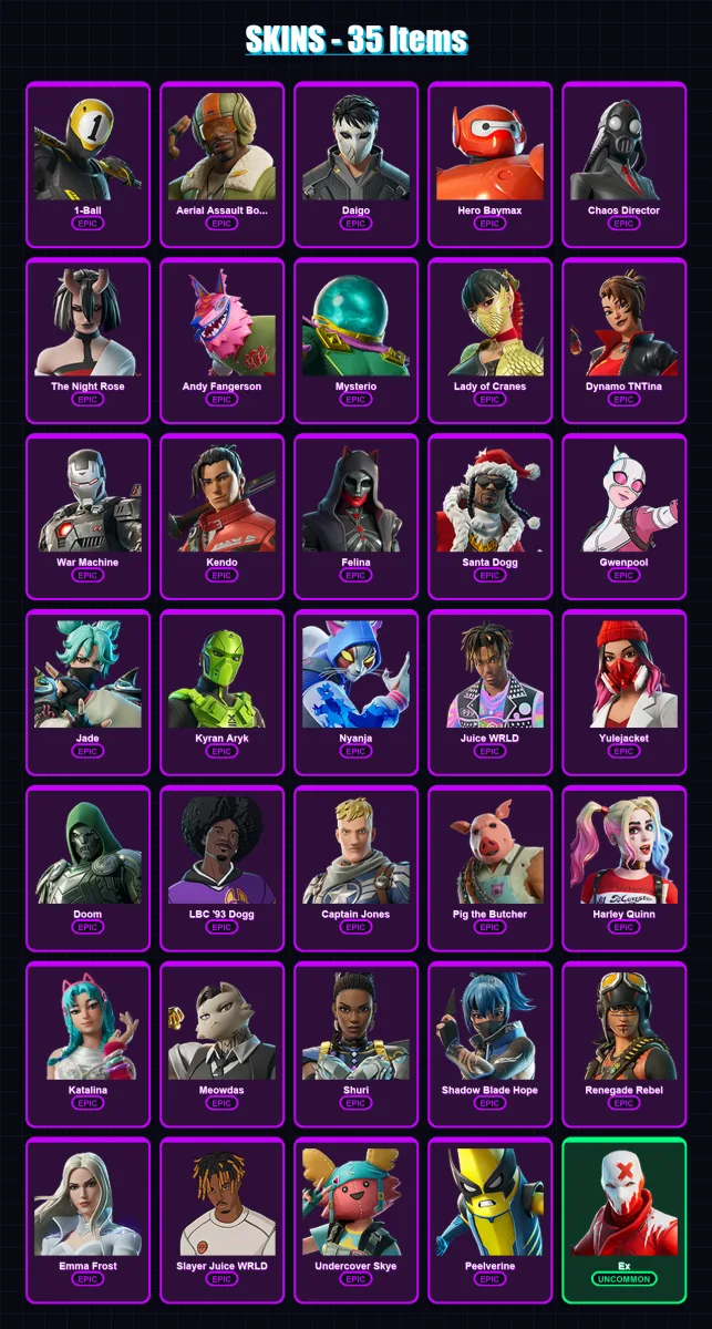 [PC/XBOX/PSN] | 1-Ball | Aerial Assault Bomber | Daigo | Hero Baymax | Chaos Director | 35 skin | 72 pickaxe | 43 emote | 49 glider | Lv637