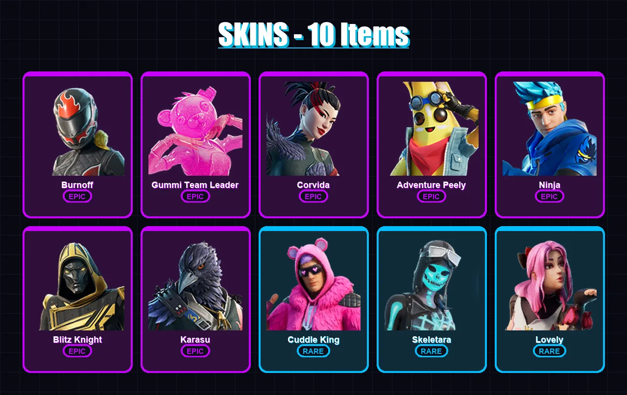 [PC/XBOX/PSN] | Burnoff | Gummi Team Leader | Corvida | Adventure Peely | Ninja | 10 skin | 21 pickaxe | 10 emote | 7 glider | Lv91 — Fortnite account